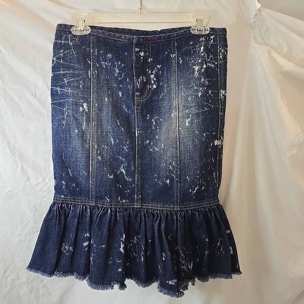 Earl Jean Denim Skirt Ruffle Hem Paint/bleach Splatter Y2K Grunge Festival Sz P